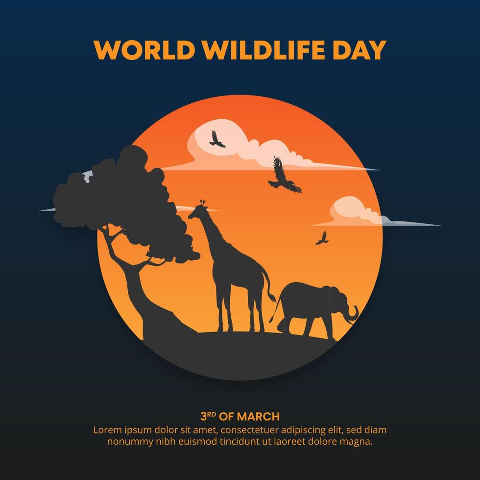 Square World Wildlife Day with silhouette animals and sunset sky vector