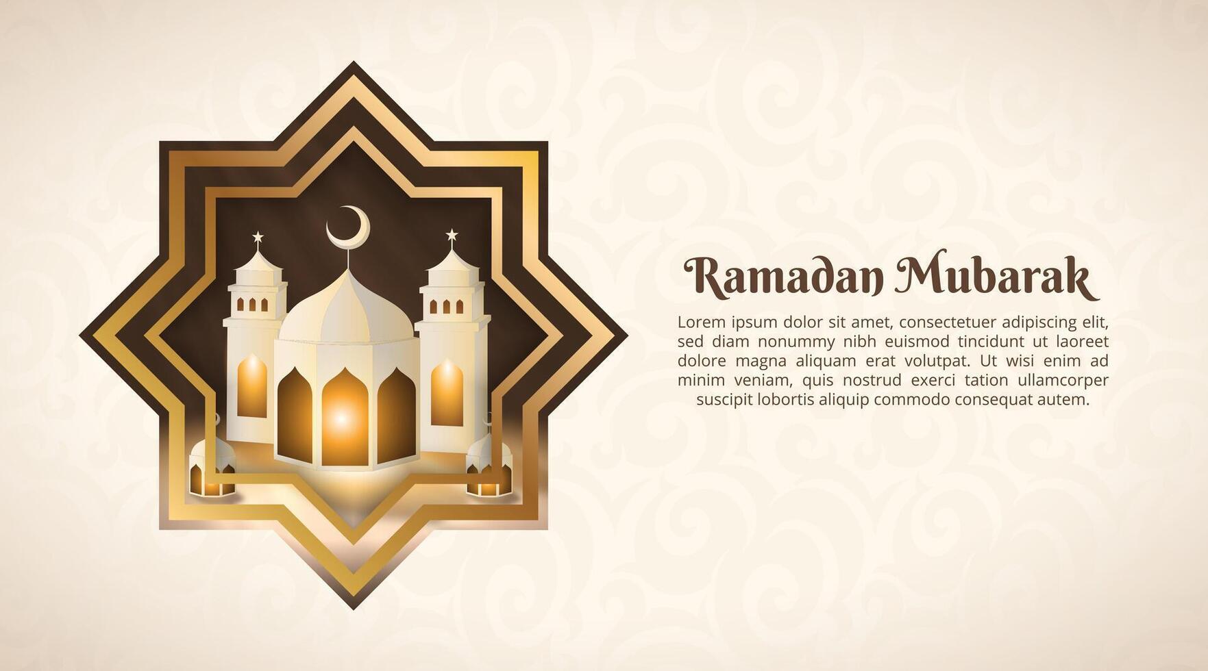 Ramadan Mubarak with a mosque inside an Islamic star frame vector