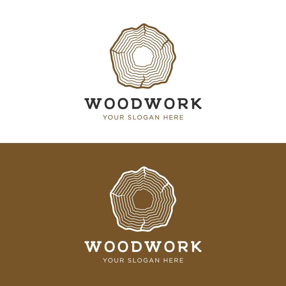 Wood and natural fiber logo template design, carpenter and wooden plank with saw craftsman tools. vector