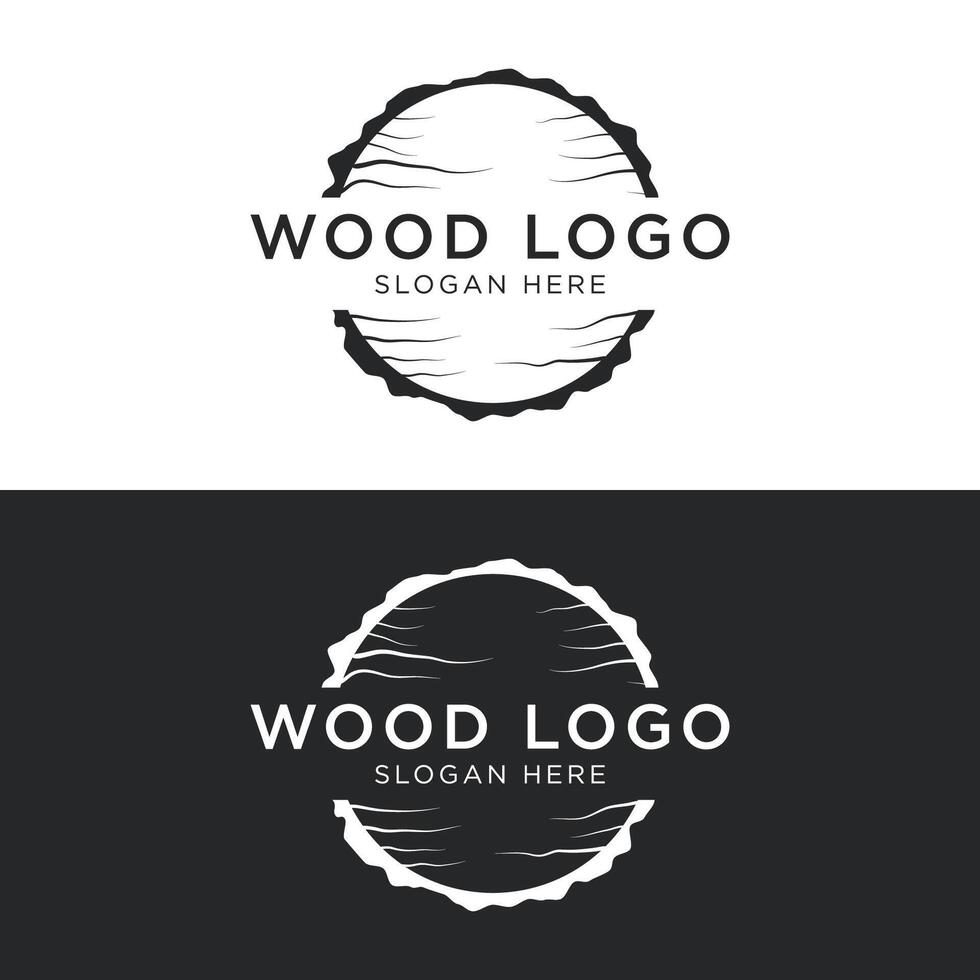 Wood and natural fiber logo template design, carpenter and wooden plank with saw craftsman tools. vector