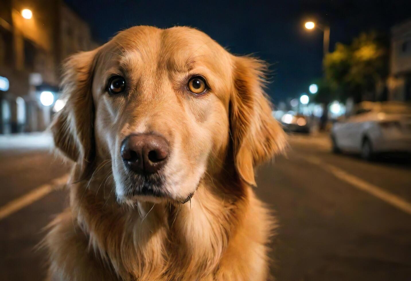AI generated A golden retriever standing on a street at night photo