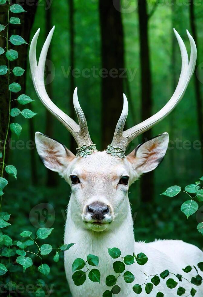 ai generado un majestuoso blanco ciervo en pie en un lozano verde bosque foto