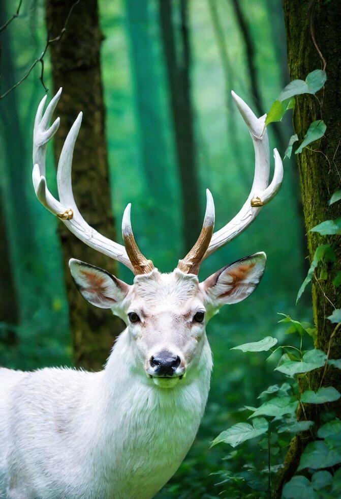 AI generated A majestic white deer standing in a lush green forest photo