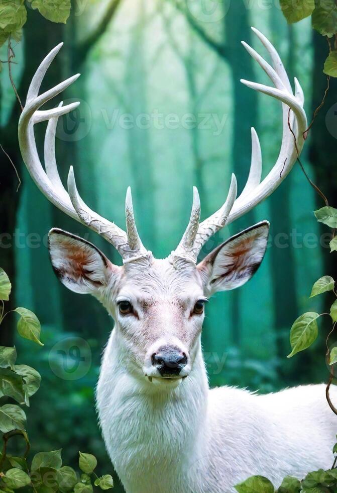 AI generated A majestic white deer standing in a lush green forest photo