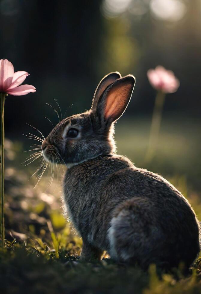 AI generated A close-up of a rabbit in a field with a flowers. photo