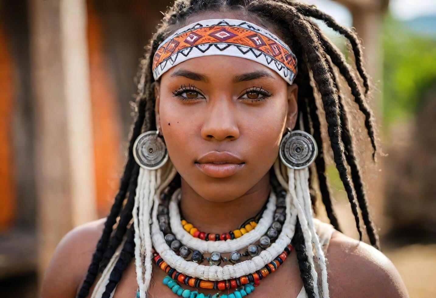 AI generated A beautiful African woman with intricate tribal designs on her face and neck, wearing a traditional necklace and earrings, photo