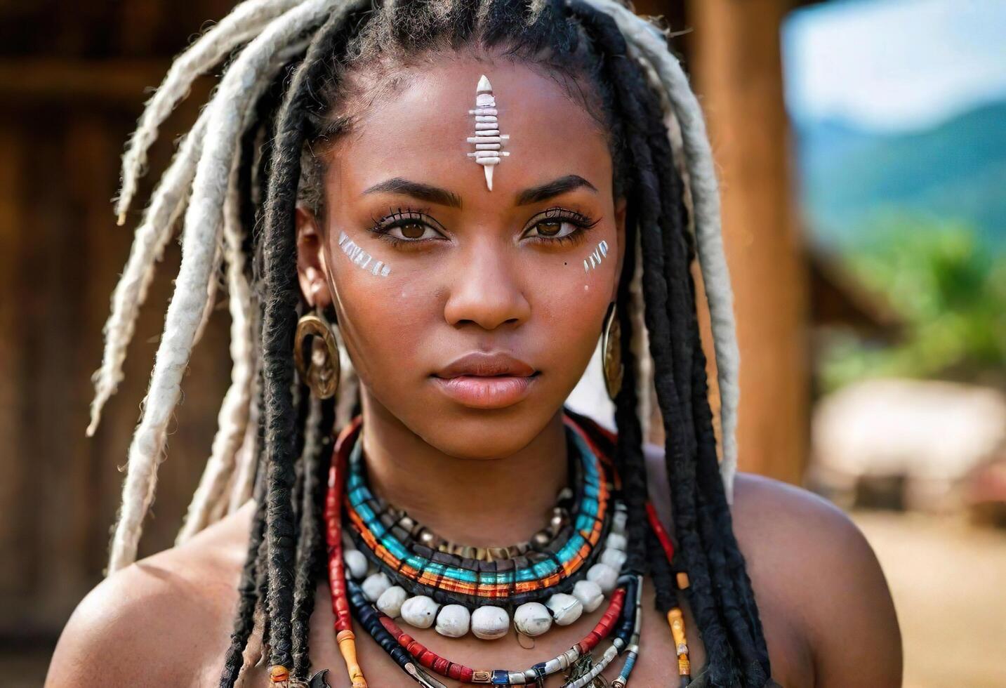 AI generated A beautiful African woman with intricate tribal designs on her face and neck, wearing a traditional necklace and earrings, photo