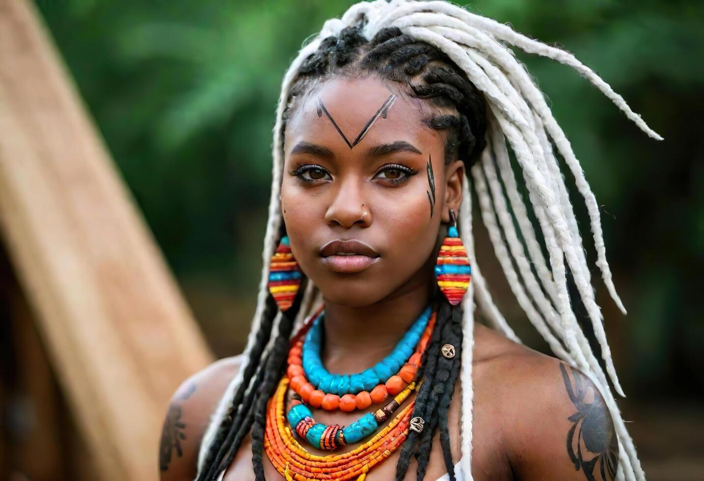 AI generated A beautiful African woman with intricate tribal designs on her face and neck, wearing a traditional necklace and earrings, photo