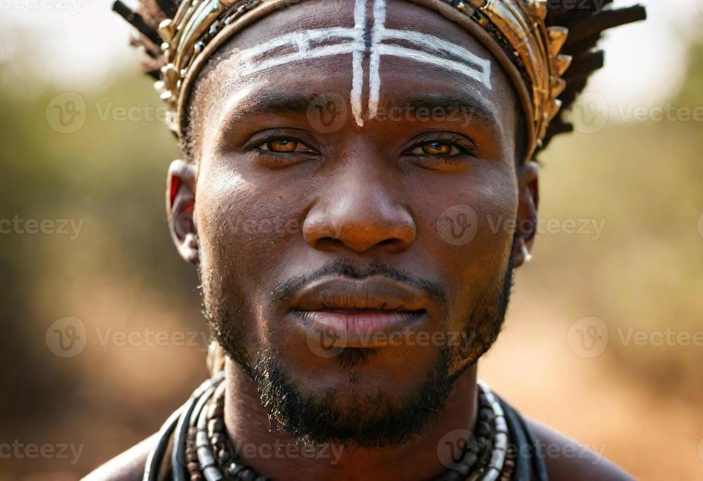 AI generated A young Maasai man with intricate beadwork and braids, wearing traditional Maasai clothing and jewelry. photo