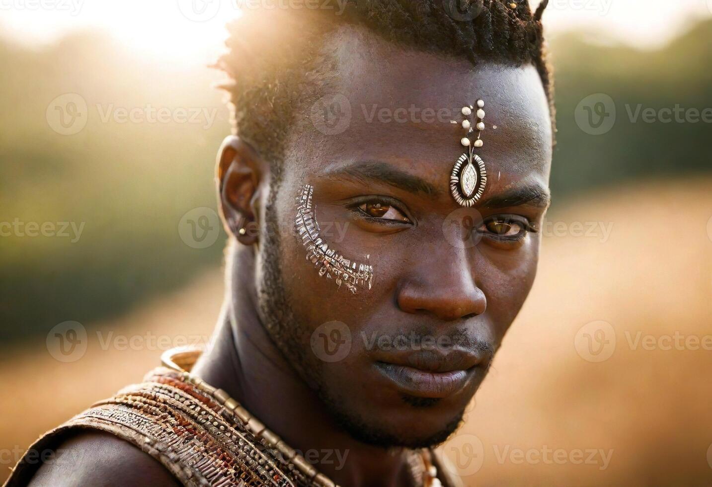 AI generated A young Maasai man with intricate beadwork and braids, wearing traditional Maasai clothing and jewelry. photo