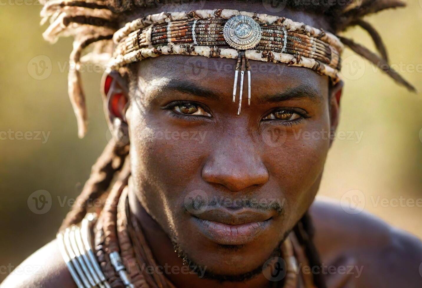 AI generated A young Maasai man with intricate beadwork and braids, wearing traditional Maasai clothing and jewelry. photo