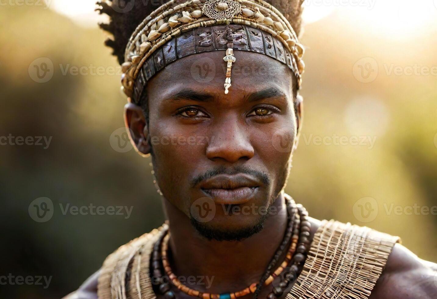 AI generated A young Maasai man with intricate beadwork and braids, wearing traditional Maasai clothing and jewelry. photo
