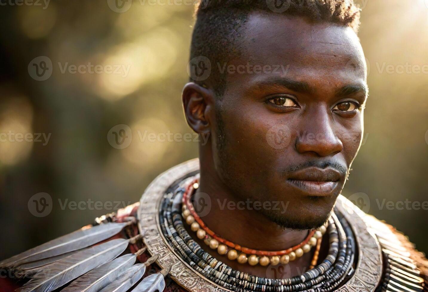 AI generated A young Maasai man with intricate beadwork and braids, wearing traditional Maasai clothing and jewelry. photo