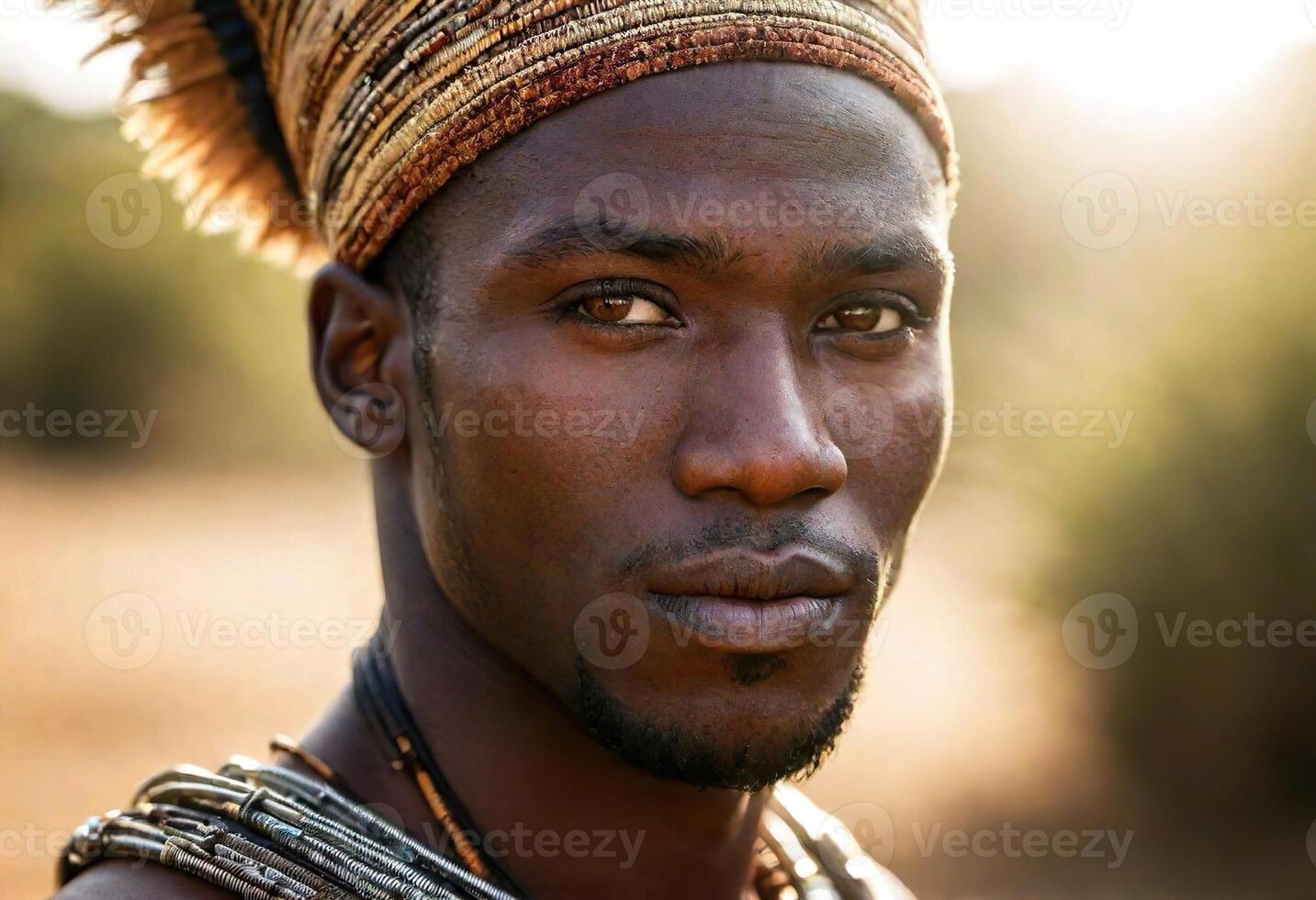 AI generated A young Maasai man with intricate beadwork and braids, wearing traditional Maasai clothing and jewelry. photo