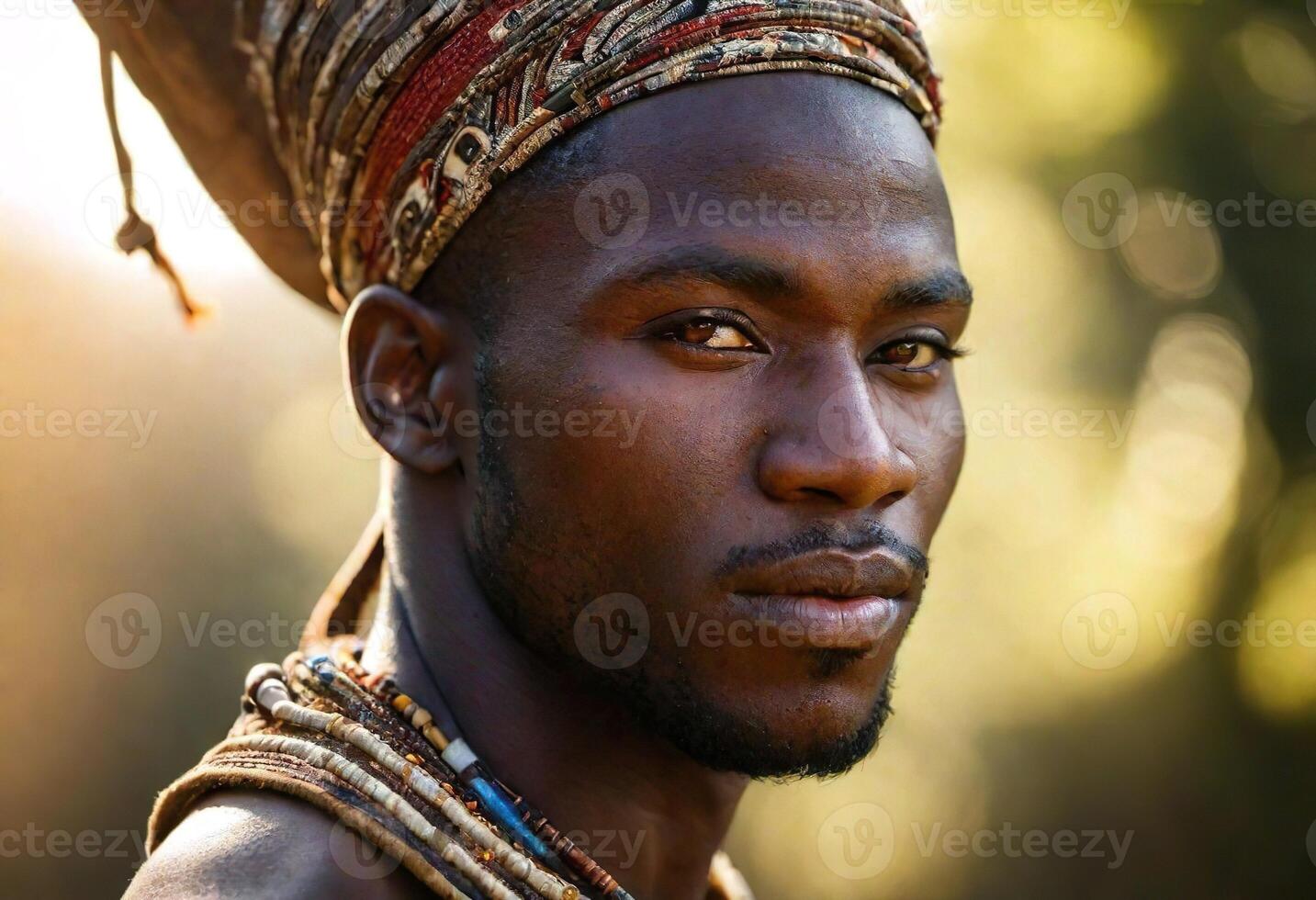 AI generated A young Maasai man with intricate beadwork and braids, wearing traditional Maasai clothing and jewelry. photo
