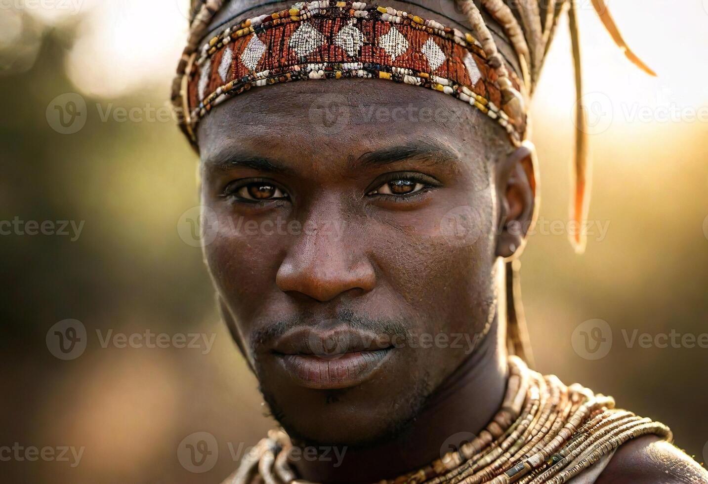 AI generated A young Maasai man with intricate beadwork and braids, wearing traditional Maasai clothing and jewelry. photo