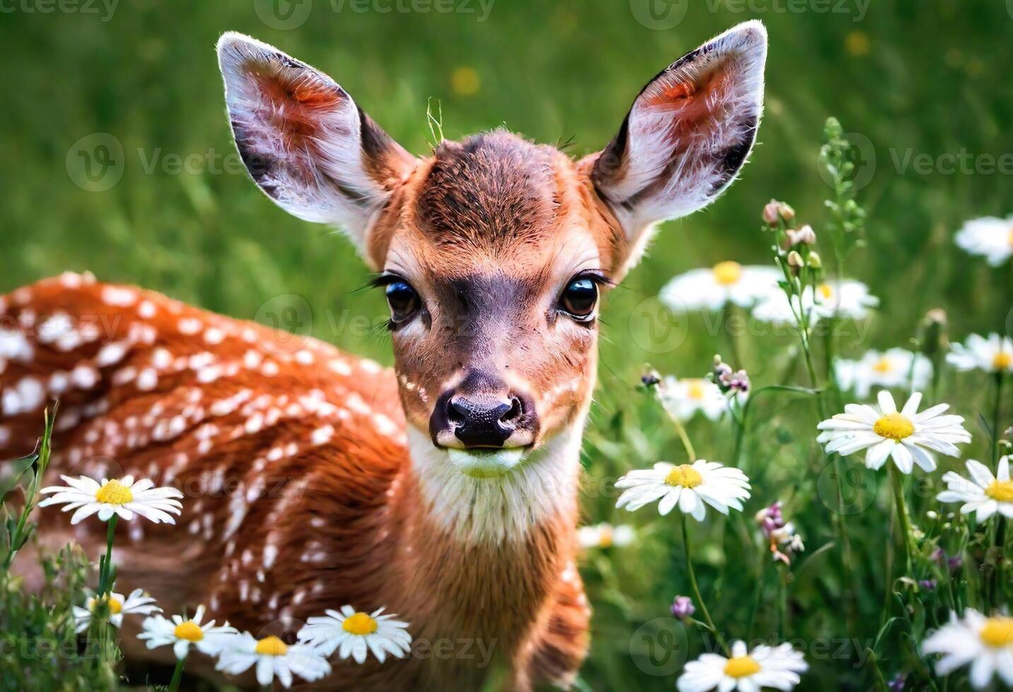 ai generado de cerca retrato de un ciervo en naturaleza con floración plantas foto