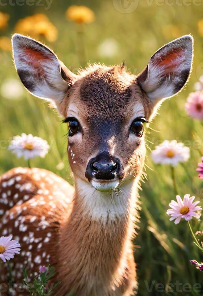 AI generated Closeup Portrait of a Deer in Nature with Flowering Plants photo