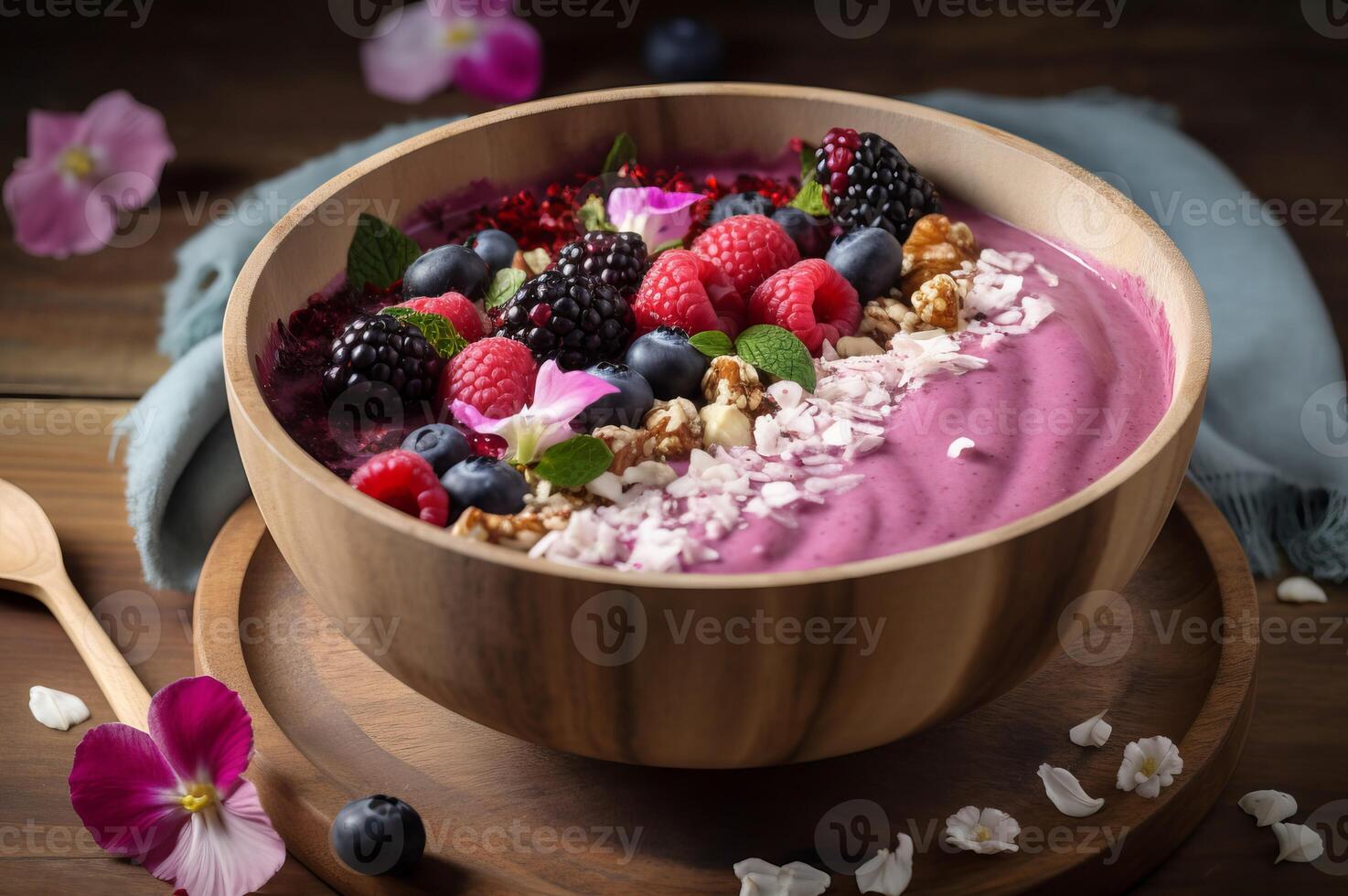 AI generated Berry smoothie bowl. Generate ai photo