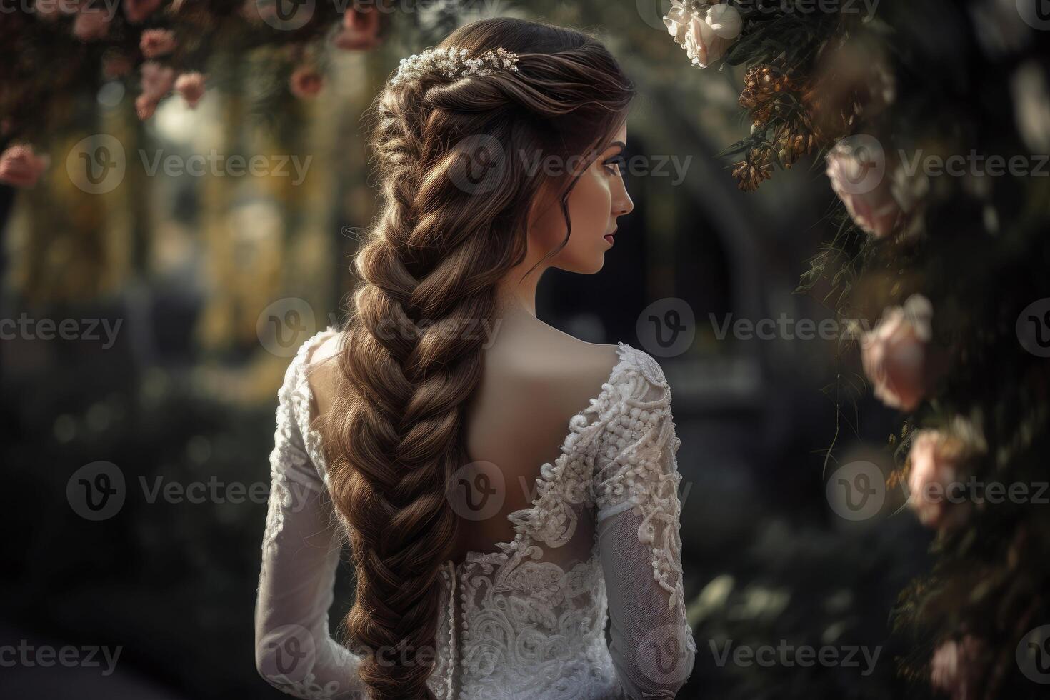 AI generated Elegant bride with long wavy braided hair in floral garden. Generate ai photo