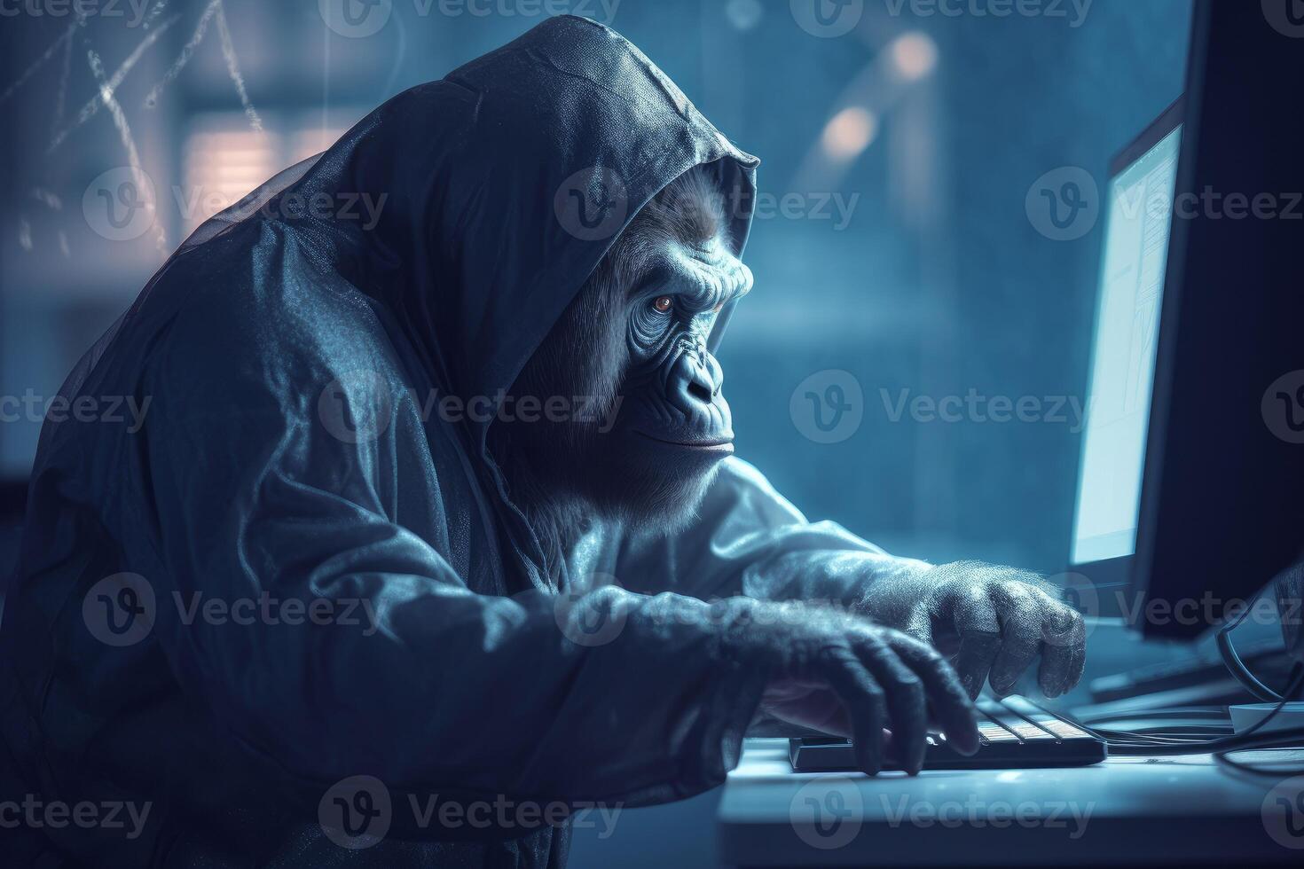 AI generated Gorilla in hoodie coding at computer. Generate ai photo