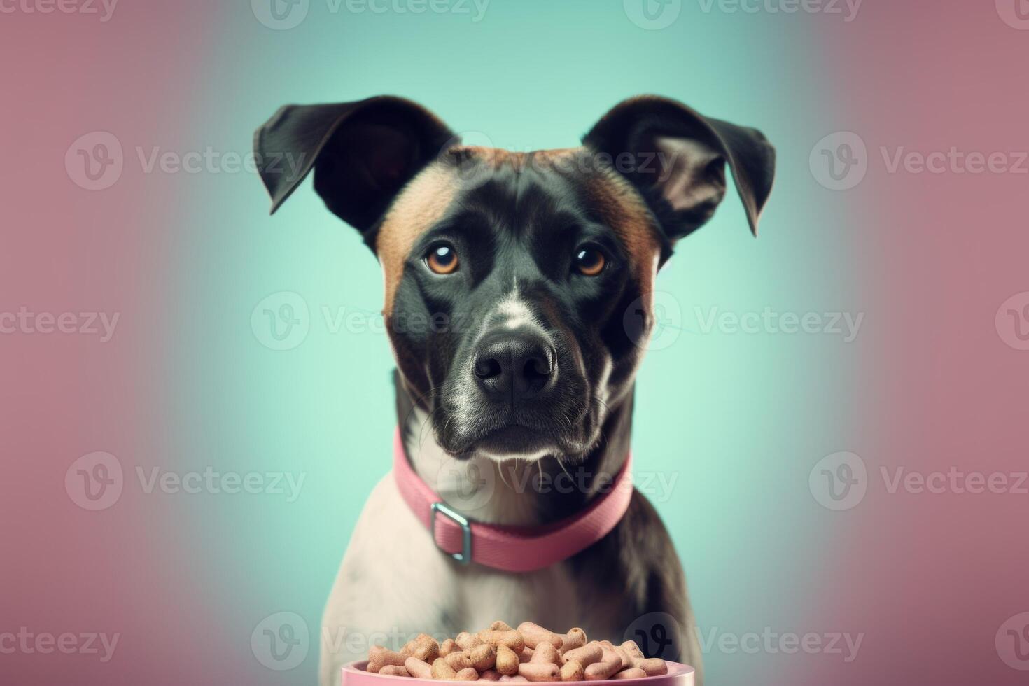 AI generated Dog head with food dish. Generate ai photo