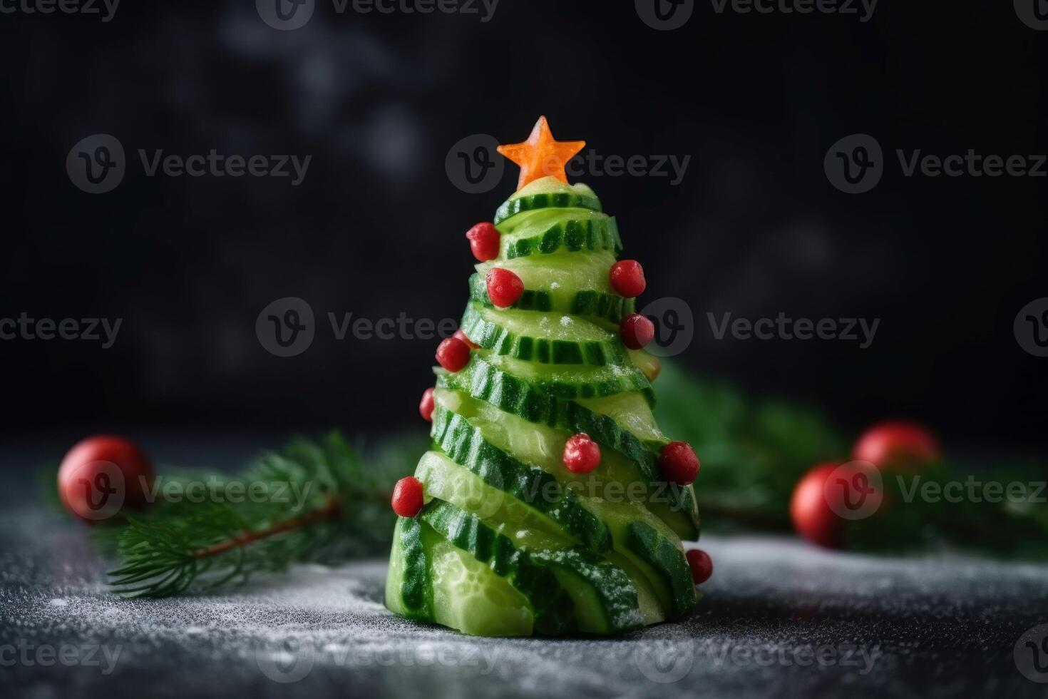 AI generated Christmas tree appetizer made of cucumber. Generate ai photo
