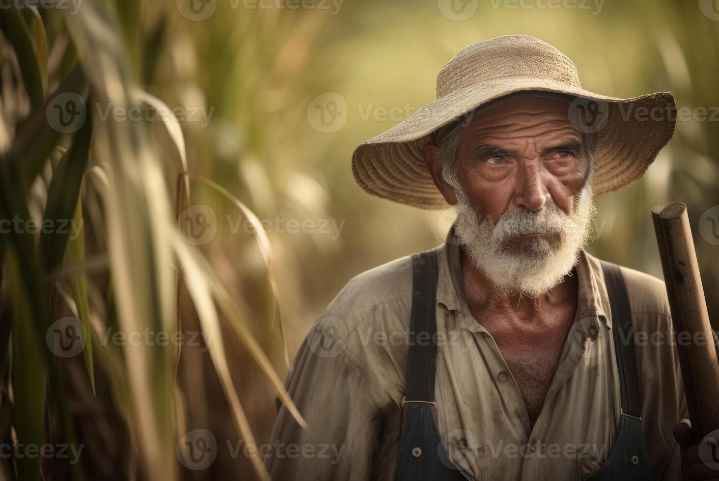 AI generated Senior farmer in sugarcane field. Generate ai photo