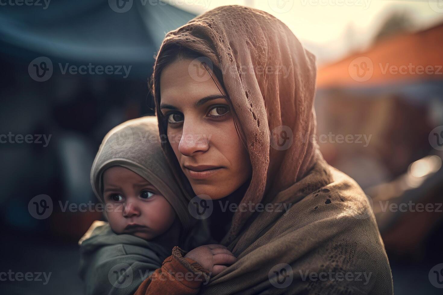 AI generated Homeless poor mother holds up baby. Generate ai photo