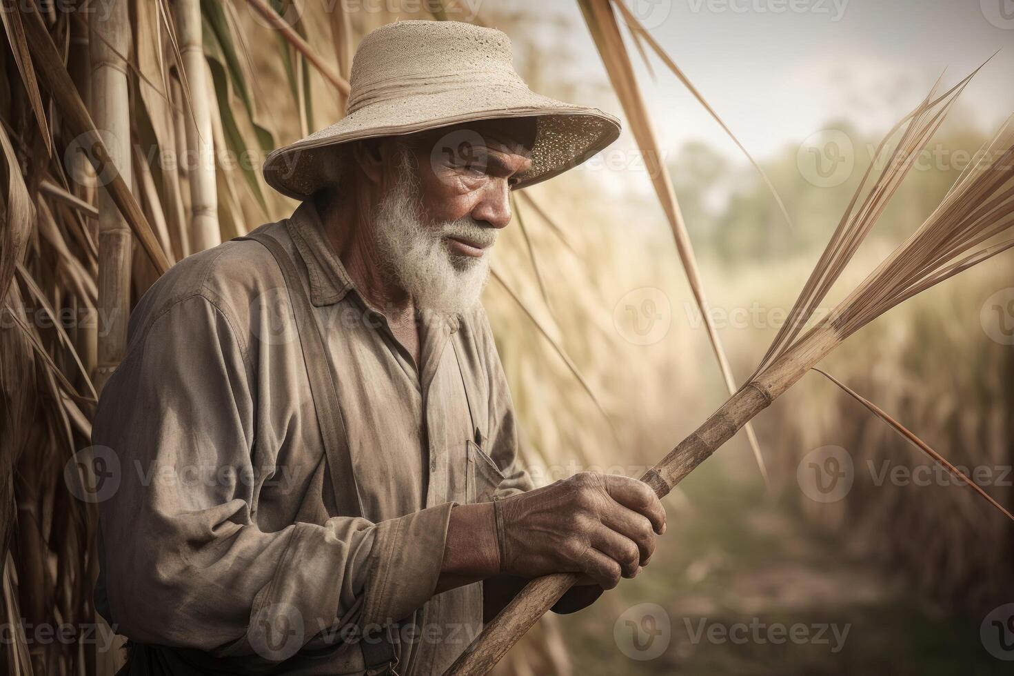 AI generated Senior farmer harvesting sugarcane. Generate ai photo