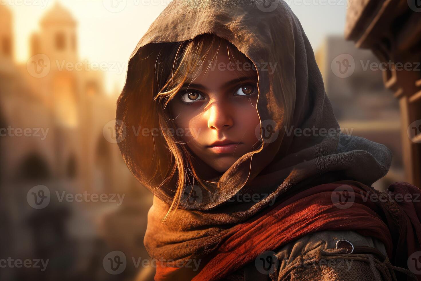 AI generated Unyielding Hooded warrior girl. Generate Ai photo