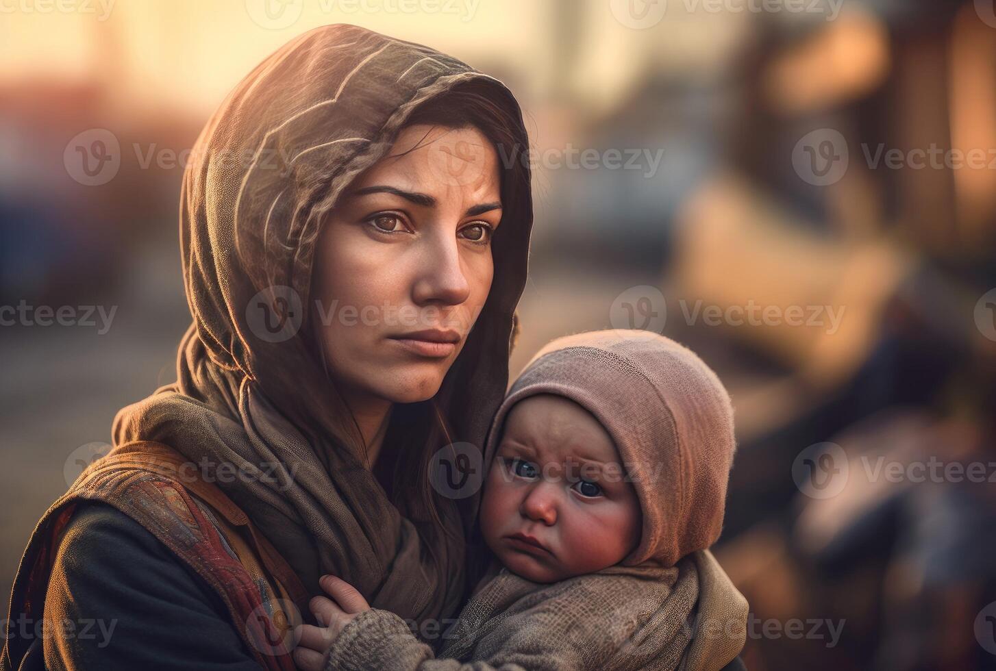 AI generated Homeless sad woman holds up infant. Generate ai photo