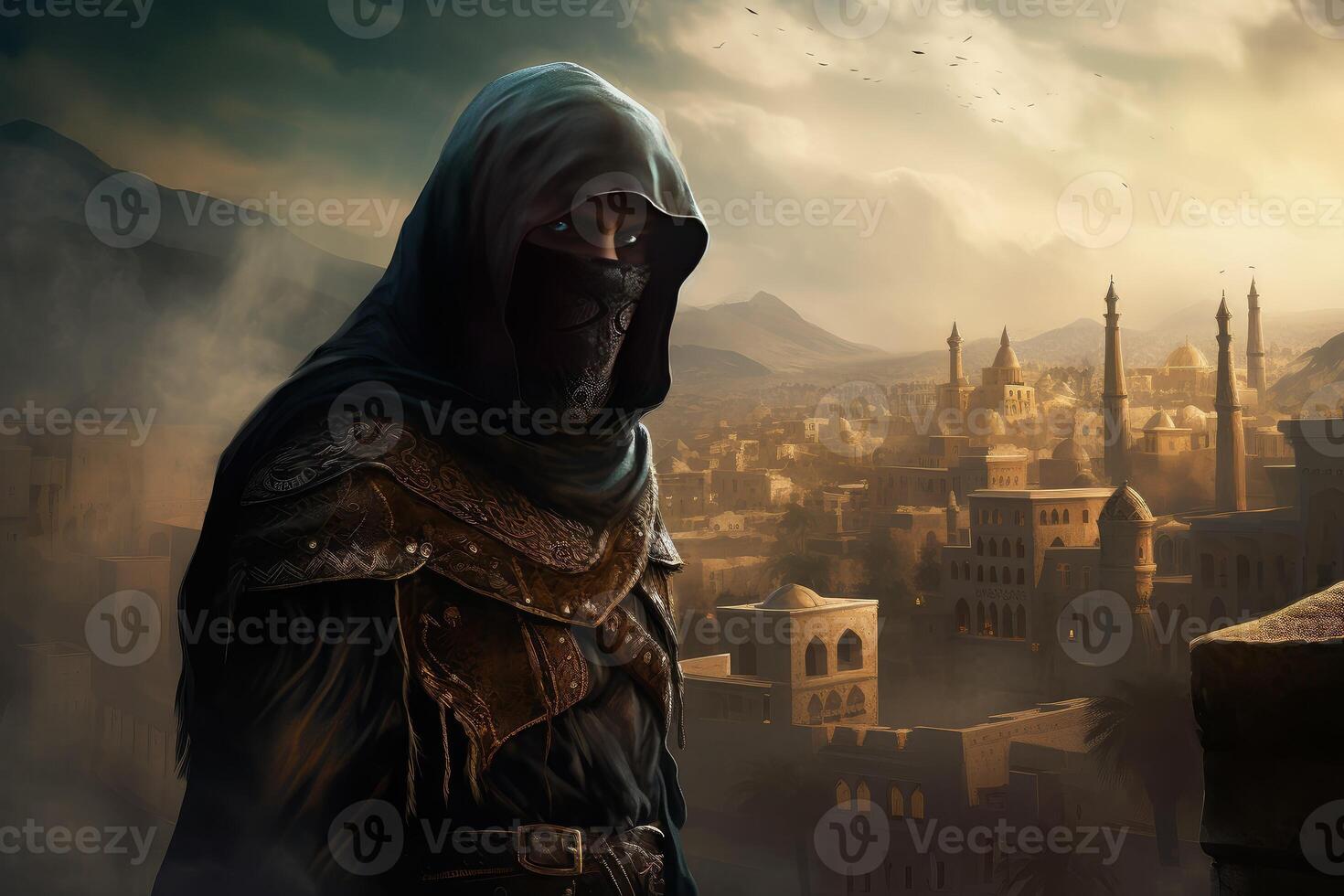 AI generated Vigilant Hooded warrior man. Generate Ai photo
