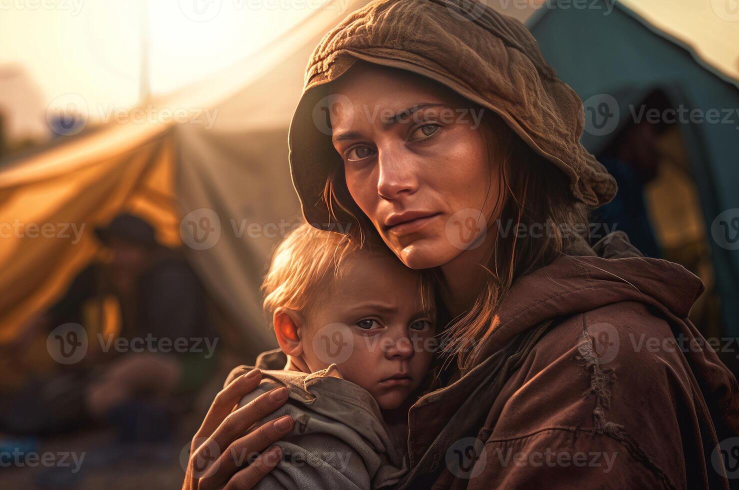 AI generated Homeless woman holds up baby. Generate ai photo