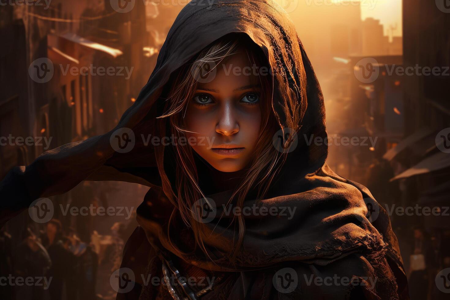 AI generated Formidable Hooded warrior girl. Generate Ai photo