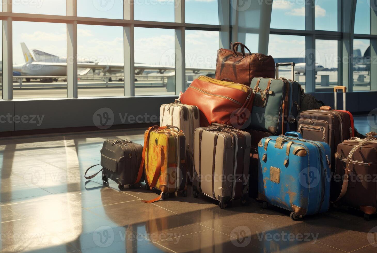 AI generated Secure Luggage at the airport with planes. Holiday transport photo