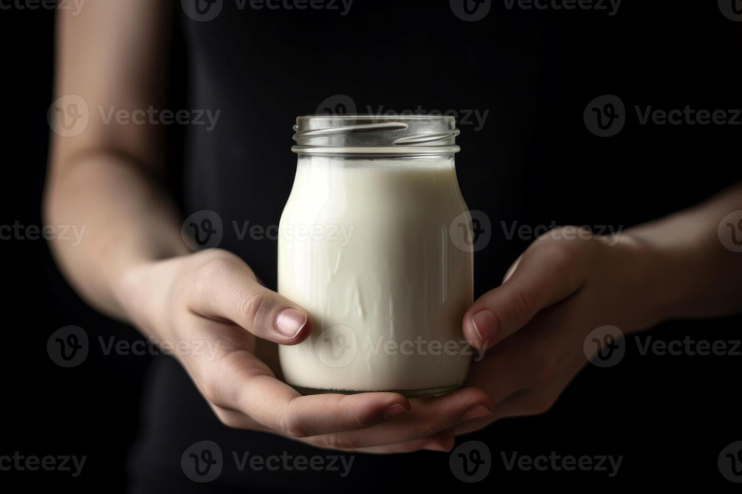 AI generated Hands holding jar with milk closeup. Generate ai photo