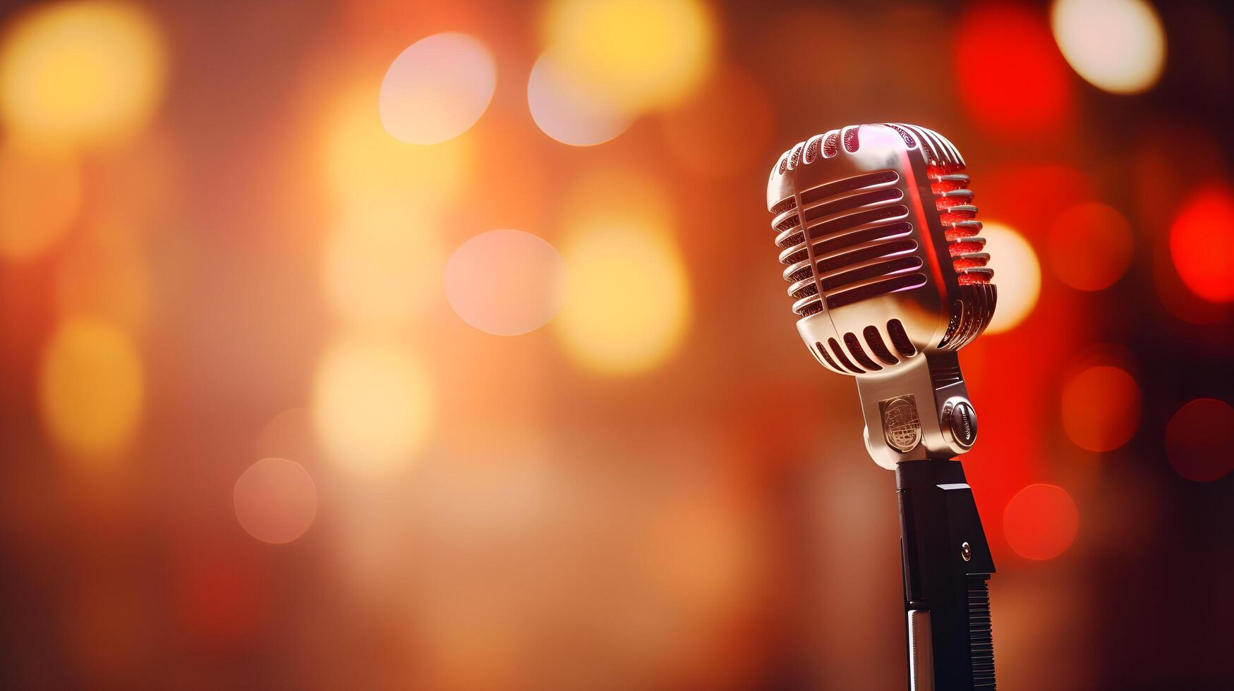 AI generated retro microphone on stage with blurry bokeh background music concert photo