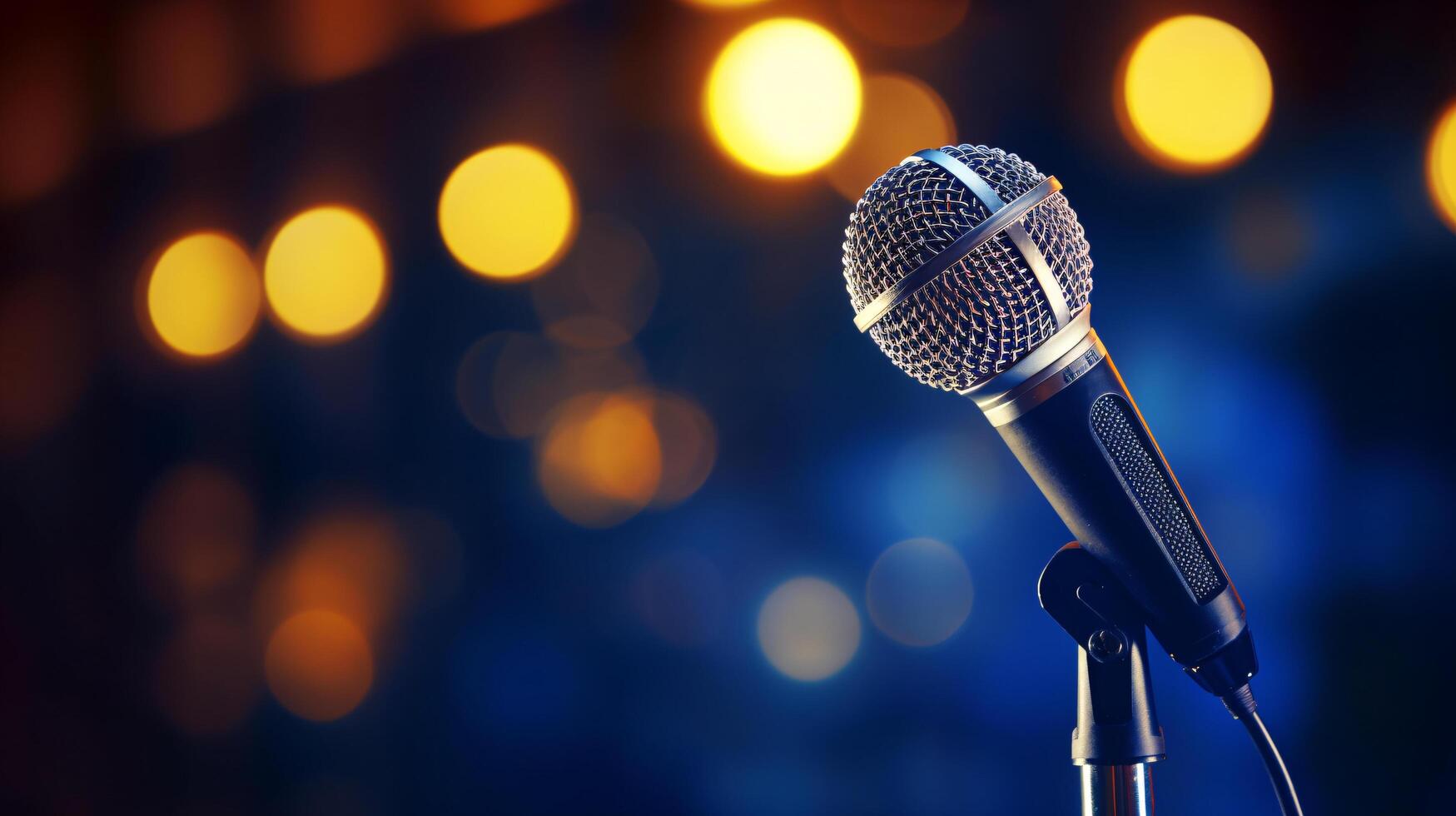 AI generated retro microphone on stage with blurry bokeh background music concert photo