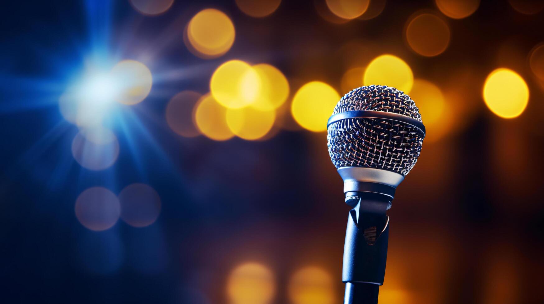 AI generated retro microphone on stage with blurry bokeh background music concert photo