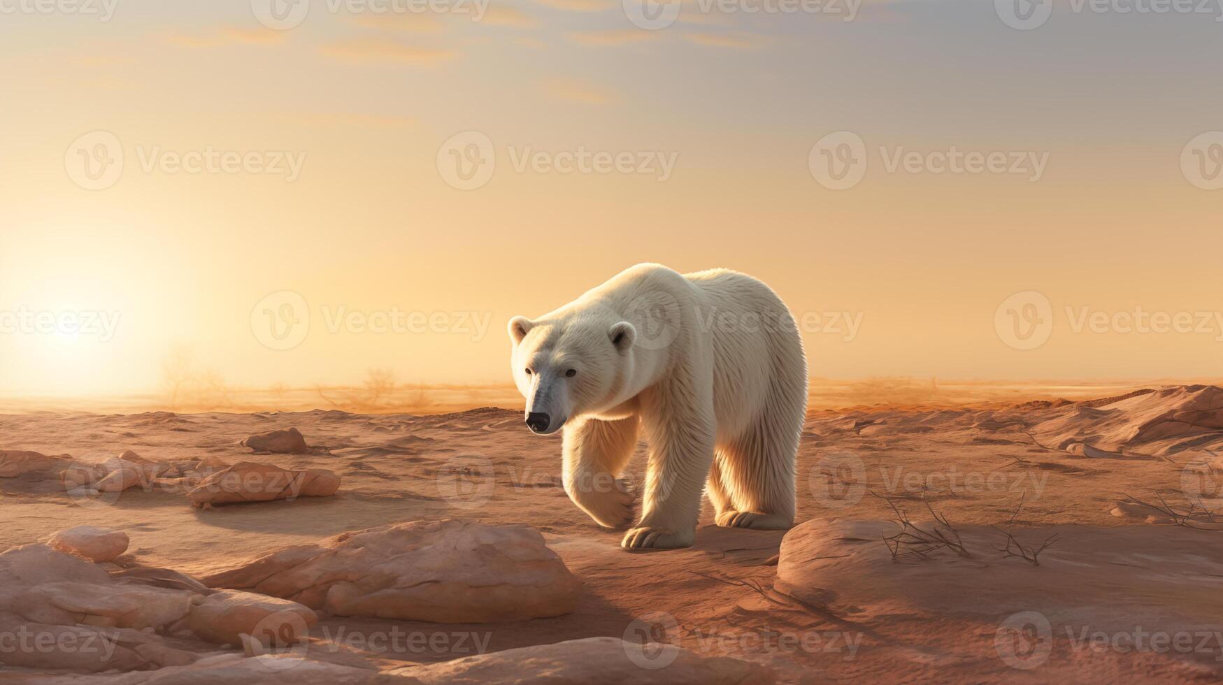 ai generado polar oso caminando en el Desierto global calentamiento concepto foto