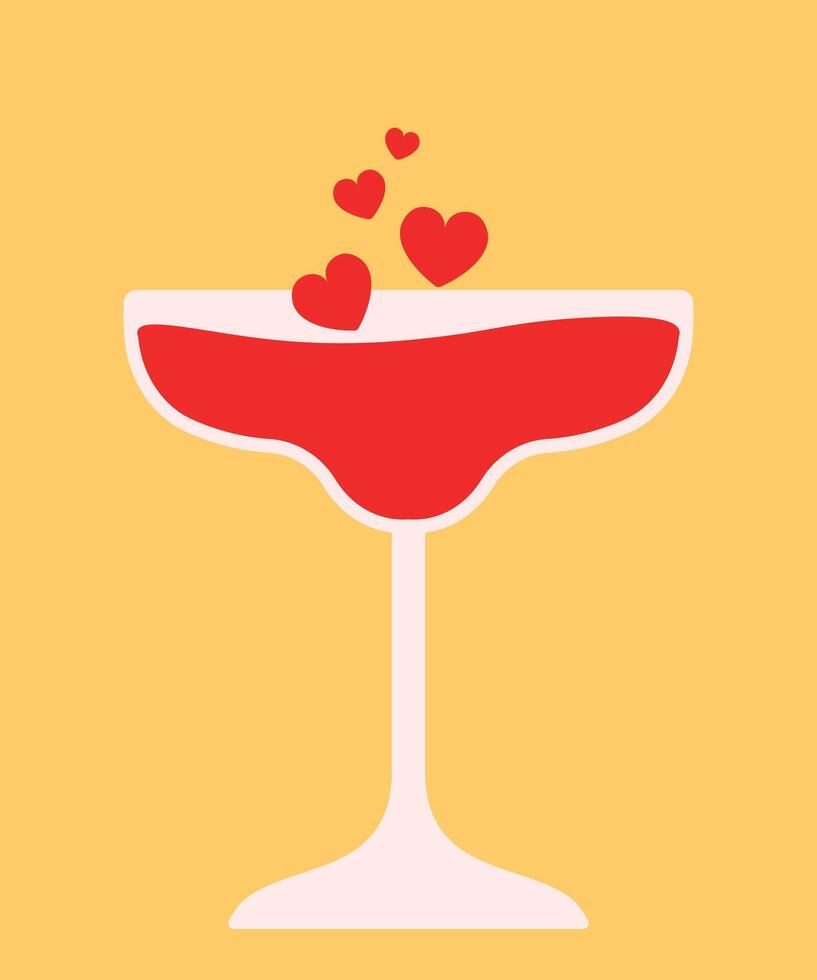 Valentines Day Drink Red Wine Glass Cocktail Flat Vector Illustration