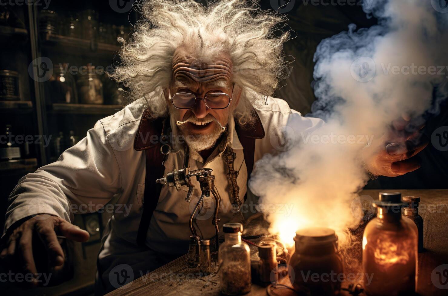 AI generated Cryptic Mad old scientist. Generate Ai photo