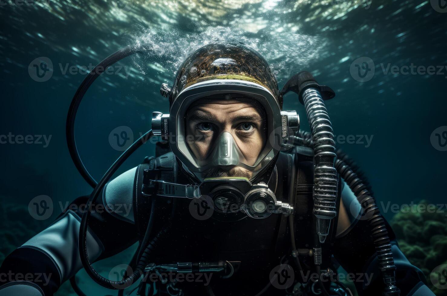 AI generated Intrepid Portrait male scuba diver under the water. Generate ai photo