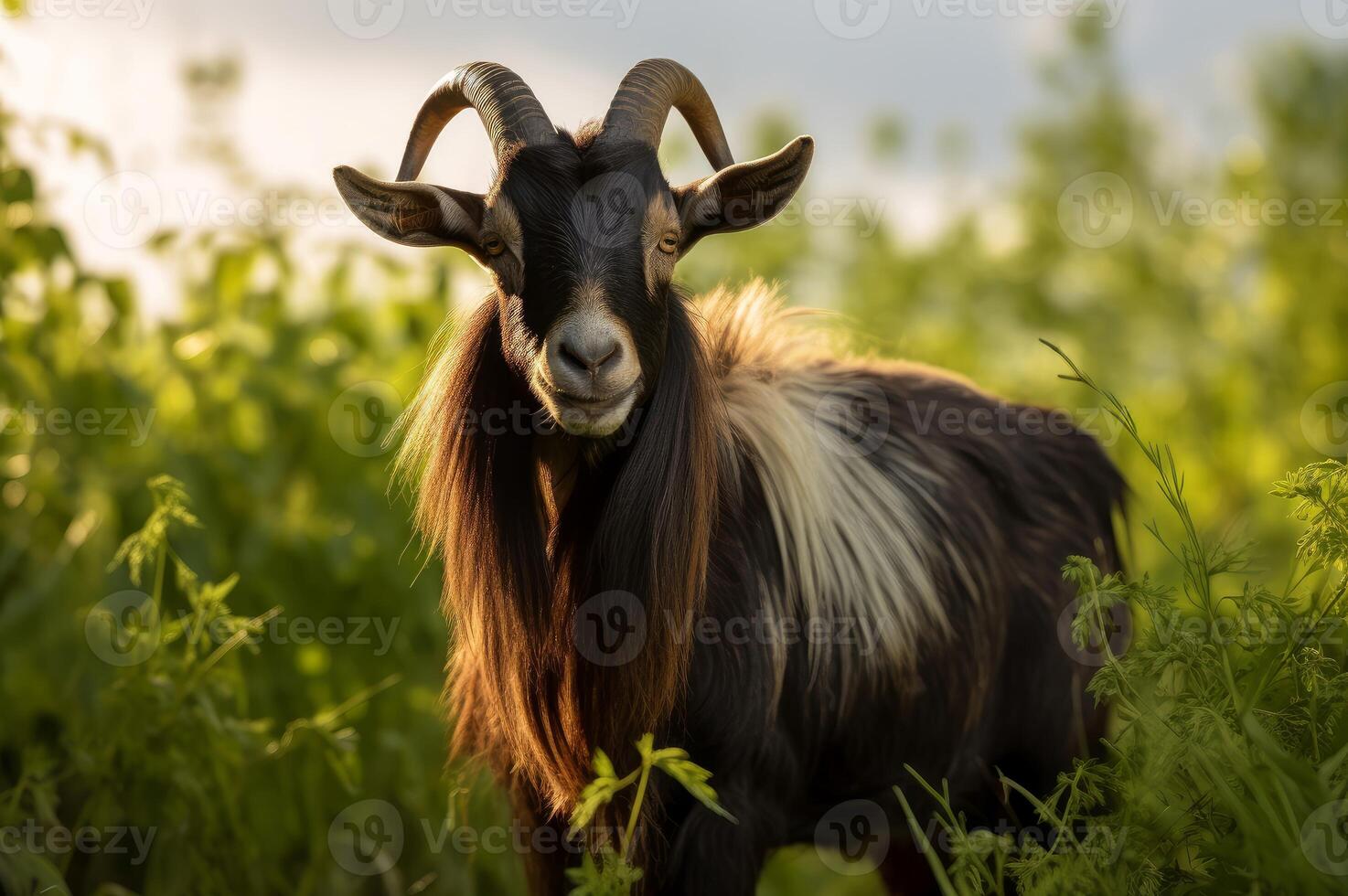 AI generated Stubborn Male goat. Generate Ai photo