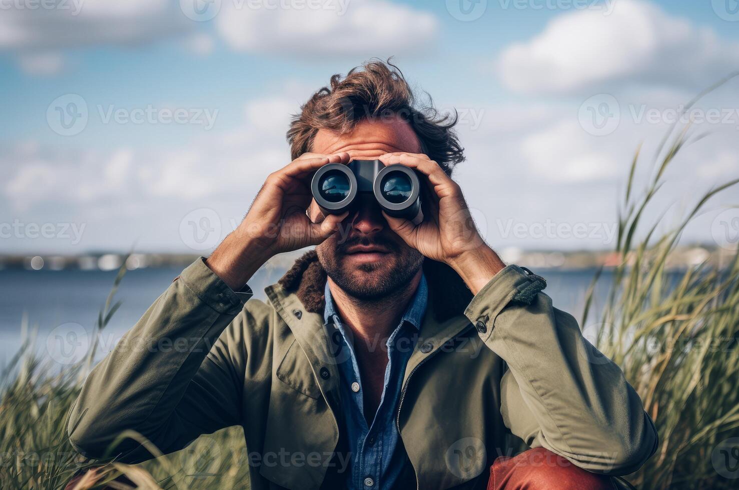 AI generated Curious Man carefully look binoculars. Generate Ai photo