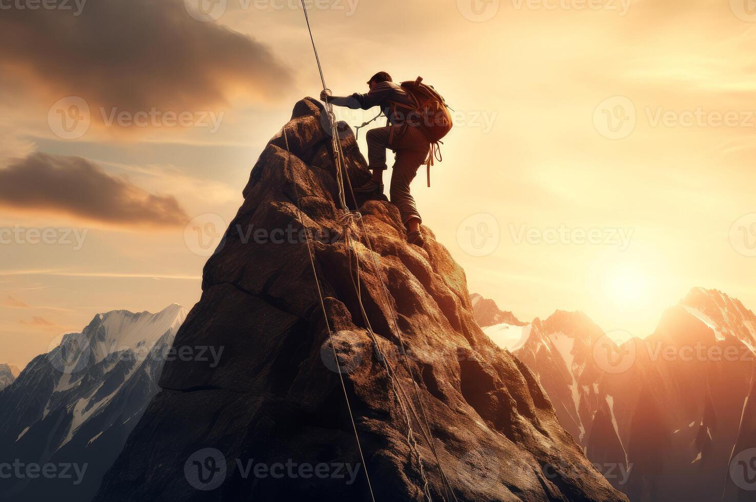 AI generated Brave Man climbing mountain. Generate Ai photo