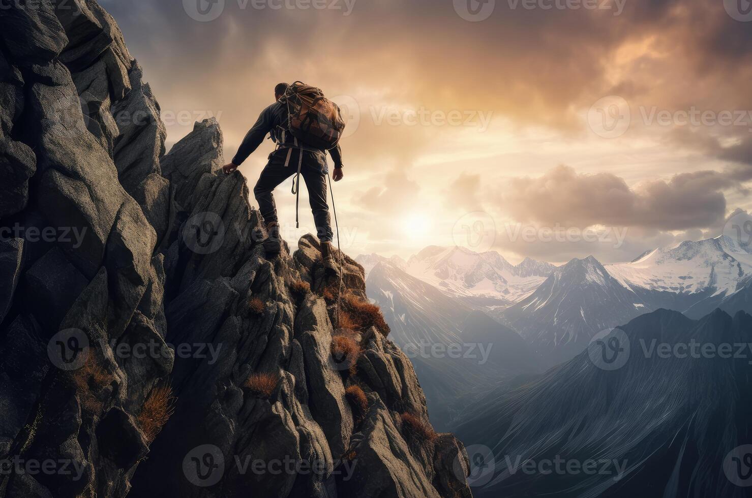 AI generated Athletic Man climbing mountain. Generate Ai photo