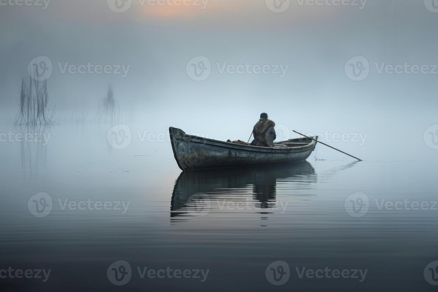 ai generado aventurero hombre barco neblinoso. generar ai foto