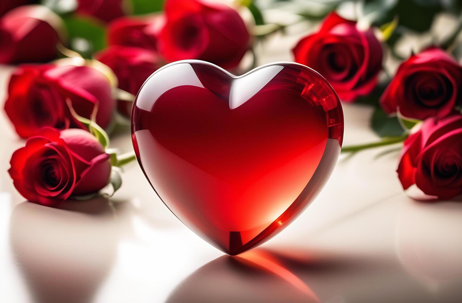 AI generated A postcard with a large red transparent crystal, glass heart and roses. There are rays of light coming from it. Love, Valentine's day, wedding. photo